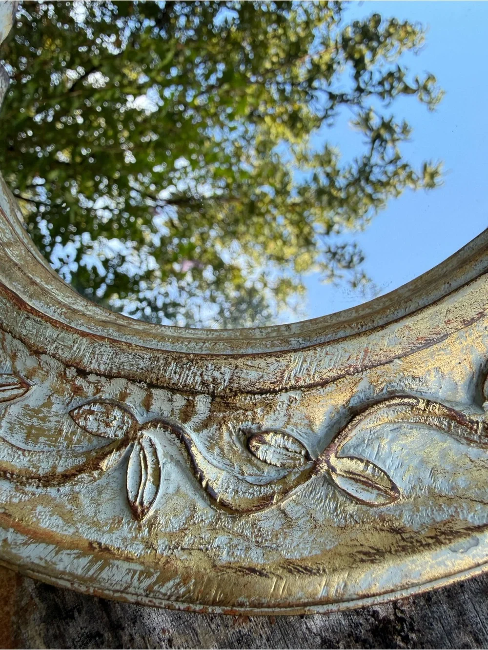 Vintage Floral Round Wall Mirror in Distressed Gold and Cream